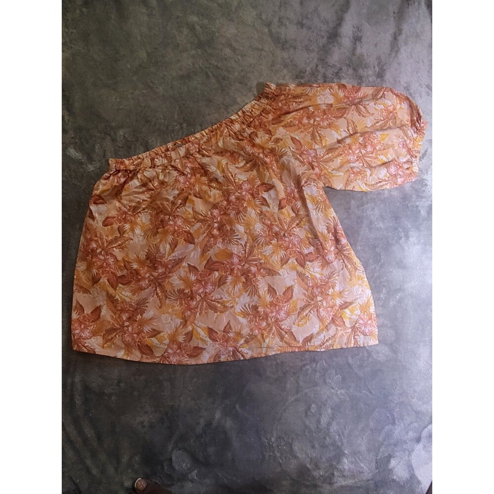 Loft Linen Blend Blouse Womens Medium Shoulder Orange Palm Tree